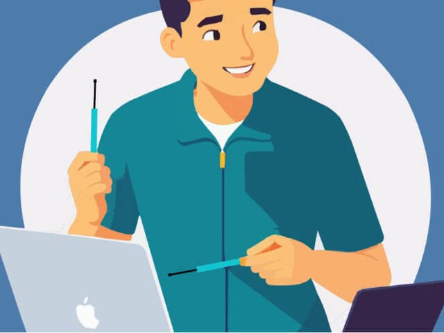 Illustration : Professionnel manipulant des outils devant deux ordinateurs portables