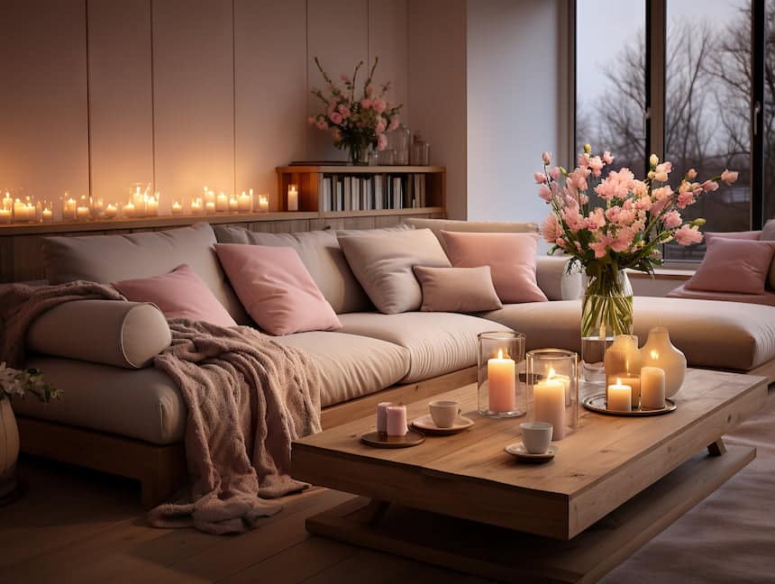 Design d'intérieur confortable et animé avec un canapé recouvert d'un plaid, un bouquet de fleurs et de nombreuses bougies