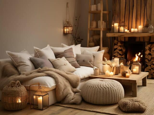 Design d'intérieur confortable et animé avec un canapé recouvert d'un plaid et de nombreuses bougies