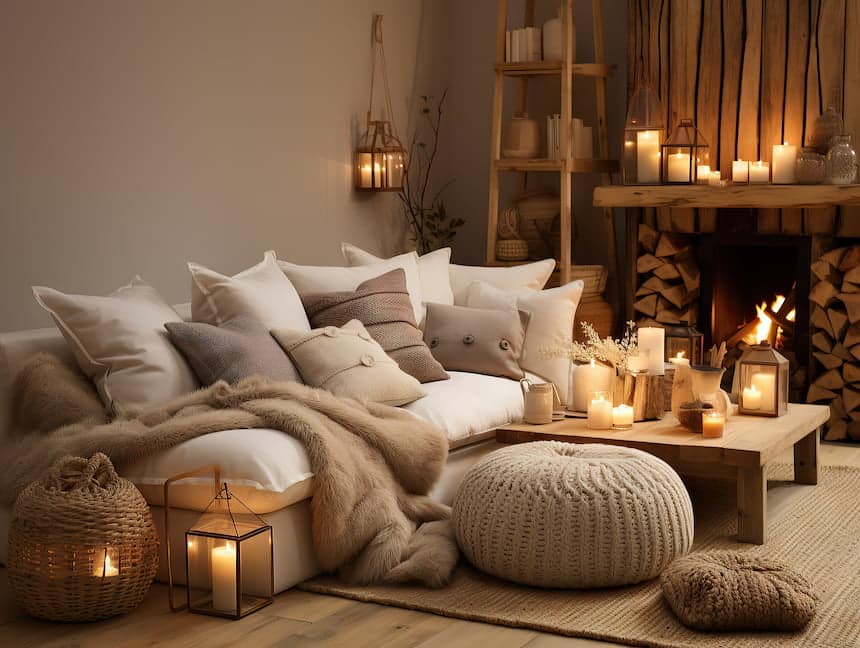 Design d'intérieur confortable et animé avec un canapé recouvert d'un plaid et de nombreuses bougies