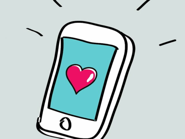Illustration à la main de smartphone avec un cœur affiché sur l'écran
