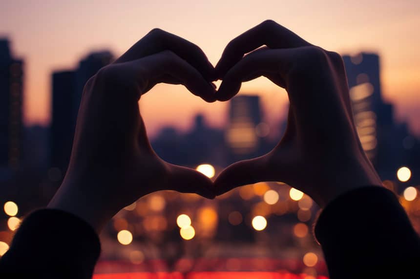 Deux mains opposées formant un coeur, avec un paysage urbain flouté en arrière plan